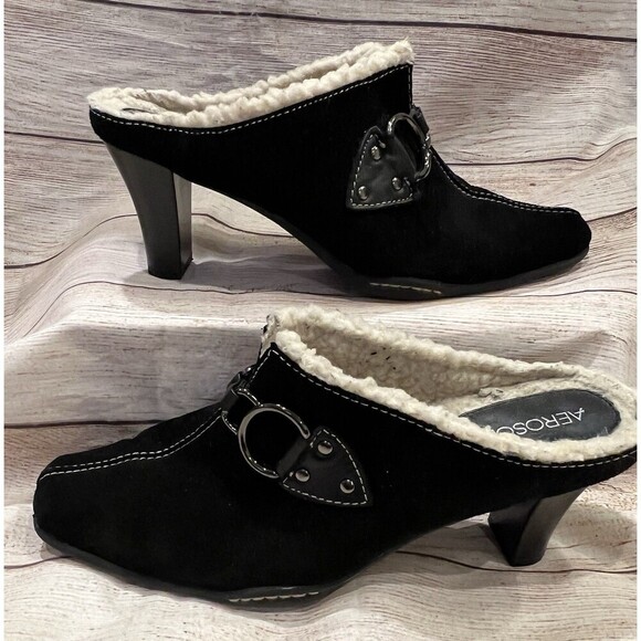 Aerosoles Cinch Shearly US 8.5 Black Suede Slide Slip On Heel Mule Clog - Picture 3 of 9
